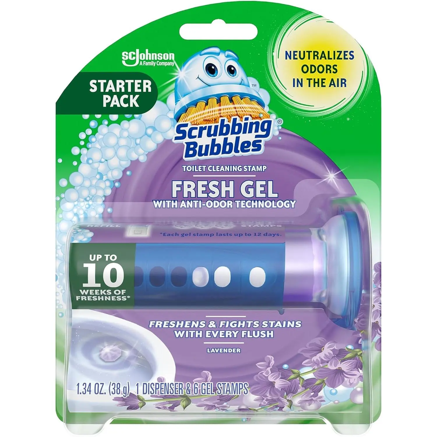 Scrubbing Bubbles Toilet Gel Stamps, Fresh Gel Toilet Cleaning Stamps, Helps Keep Toilet Clean and Helps Prevent Limescale & Toilet Rings, Lavender Scent, 1 Dispenser with 6 Stamps