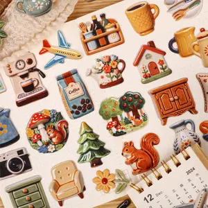 6-Pack Sticker Set, Forest Animal Coffee Pattern Stickers, Handmade Stationery Water Bottle Decorations, Multi-Scene Adhesive Stickers