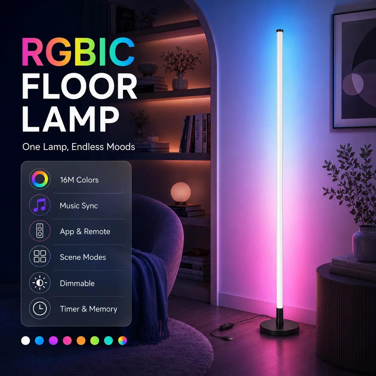 1PC/2PCS  Sound-Responsive RGBIC Corner Floor Light, LED Backlight with Music Sync, App & Remote Control for Gaming Desk, Bedroom and TV Area