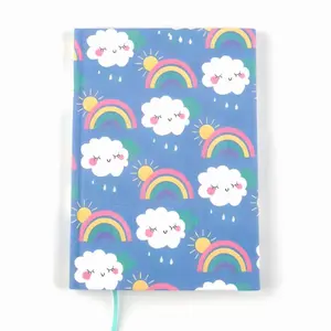 Hardbound Fabric Journal, Rainbow Clouds Design with Ribbon & Bell – Cute Portable Notebook, 80 Sheets, 160 Lined Pages,  7” x 5” x .50”