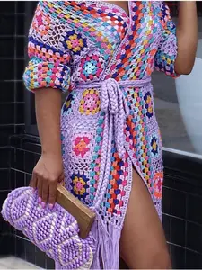 Women's Handmade Crochet Hollow Out Fringe Long Beach Cover-Up Bikini Top, Casual Loose-Fitting Ethnic Pattern Swimwear