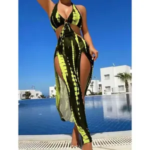 Women's Halter Neck Tie Back Two Piece Swimsuit | Patchwork Print Ring Linked High Cut Bathing Suit Tie Back Bikinis