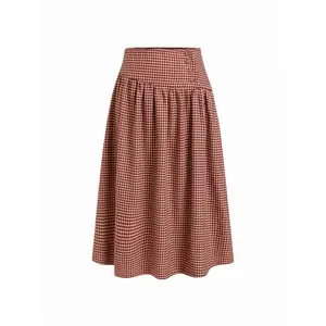 Cider Mid Rise Houndstooth Button Flared Midi Skirt