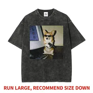Men's Corgi Meme Graphic Short Sleeve T-Shirt in Heavyweight Washed Cotton, Stylish Vintage Oversized Streetwear Top