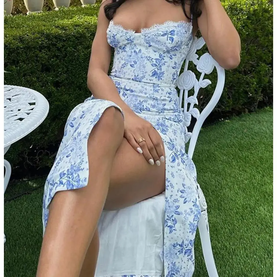 New Women's Spaghetti-Strap Ditsy Floral Print Contrast Lace Side Split Bodycon Cami Dress - Boho Casual Fit, Sleeveless Midi, Comfortable for Beach Vacation