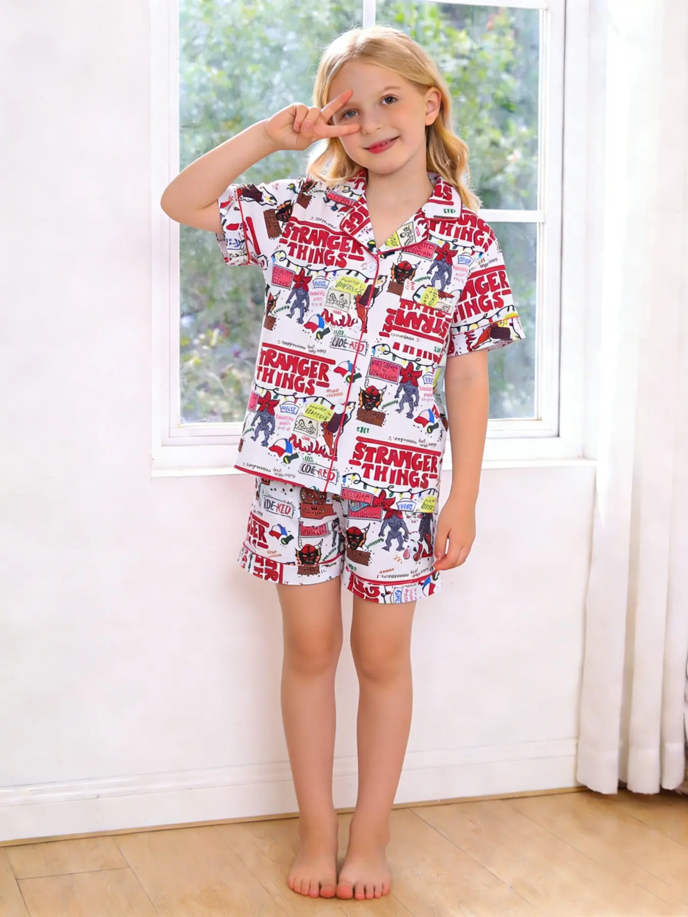 2-piece set of girls' and boys' full body cartoon monster letter mask, printed short sleeved shorts, soft top, small pocket collar design, elastic waistband, casual home children's clothing, Summer sleepwear set