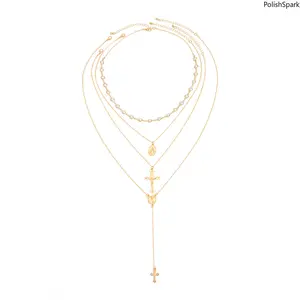 Women's Layered Stack Multi-Layer Cross Pendant Necklace Set - Adjustable, 17.8g Copper Plating Gold Silver Y-Drop Virgin Mary Medal Pearl Beaded Necklace (Sports & Outdoor Accessories Compatibility) summervibes