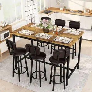 Bar  And Chairs  Of 7, Farmhouse Counter Height Pub  For 6   , Tall   6 PU Leather Chairs, Bar   For 6  MDF & Metal Frame For Bar, Kitchen, Grey dining table set with