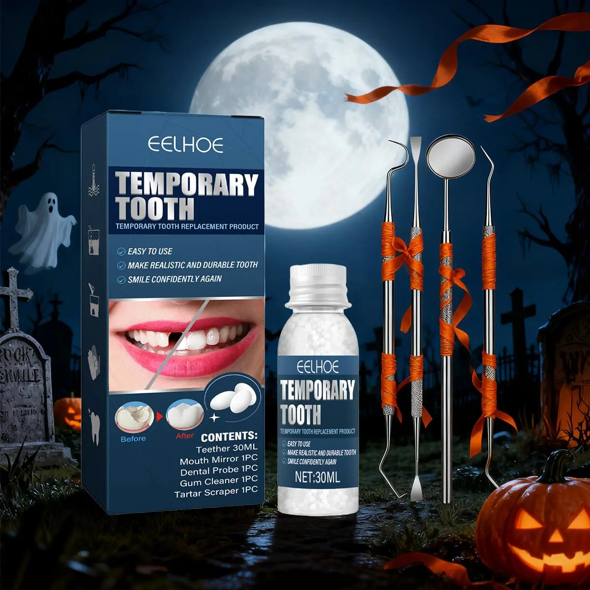 Halloween Tooth Decorations Kit - 3 Packs Temporary Tooth Repair Gel 30ml, False Teeth Dentures Moldable Resin for Movie Makeup & Cosplay, Easy DIY Filling for Tooth Gaps Missing Teeth & Cosmetic Fixes - Oral