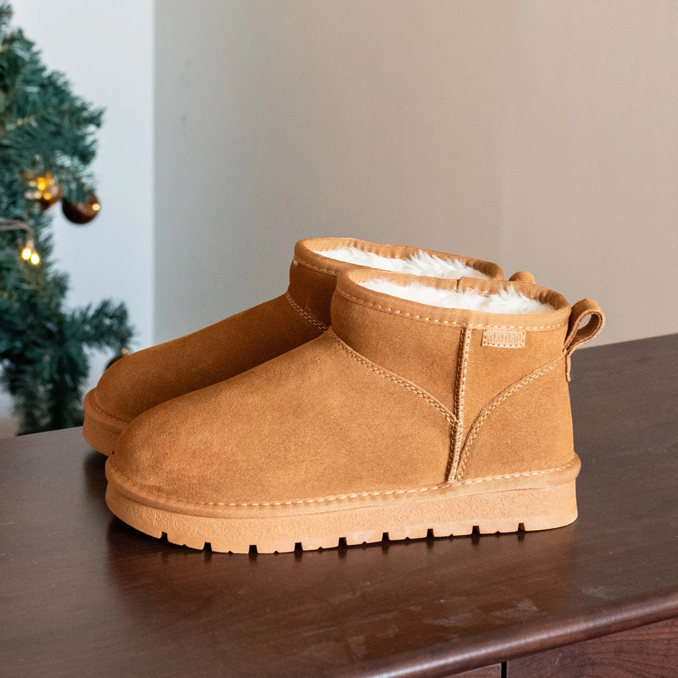 Women's Short Platform Boots, Fuzzy Slip On Style with a Comfy Plush Lining and Durable Rubber Sole for Winter, Rainy Day, Suede Upper, Ankle, Waterproof