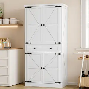 Farmhouse Kitchen Pantry Cabinet with Barn Door,69’’ Tall Storage Cabinet with Adjustable Shelves & Drawer,Freestanding Cupboard for Kitchen, Living Room, Bedroom,Dining Room,Office,White