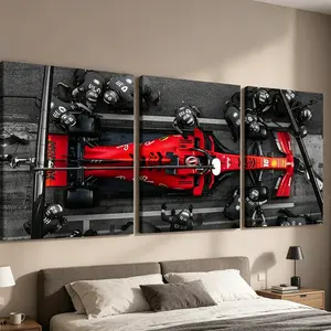 Formula 1 Canvas Wall Art, 3 Pieces F1 Pit Stop Painting, Red Ferrari Race Car Canvas Print, Modern Sports Wall Decor, Framed Artwork for Man Cave Living Room