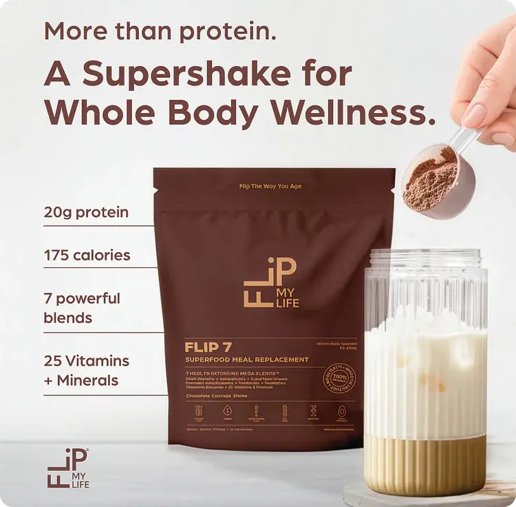 FLIP 7 Super Shake Supplement with Plant Protein, Fiber & Greens, Pre & Probiotics, Digestive Enzymes + 25 Vitamins and Minerals, all in one Shake to Age Better
