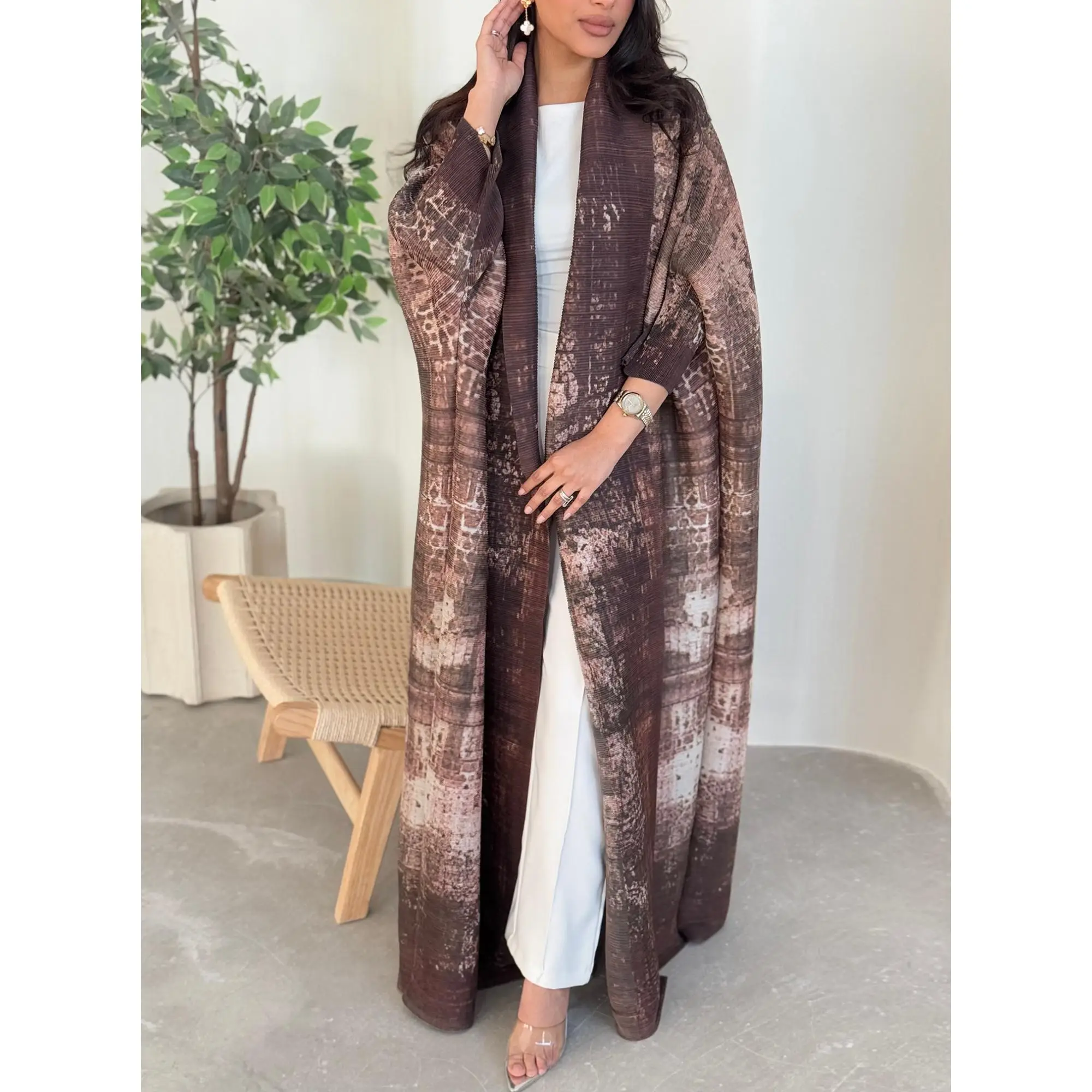 Ramadan Limited Edition Printed Abaya Long Robe for Women Three Magnolia Printed Long Sleeve Dress Breathable Drape Belt Design Muslim Abaya Suitable