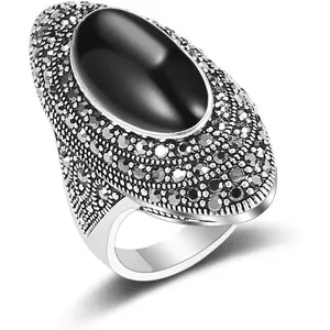 Vintage Cocktail Ring, Black Agate and Crystal Ring, Women's Antique Style, Silver Large Black Agate Ring, Surprise Gift, Gift for Women