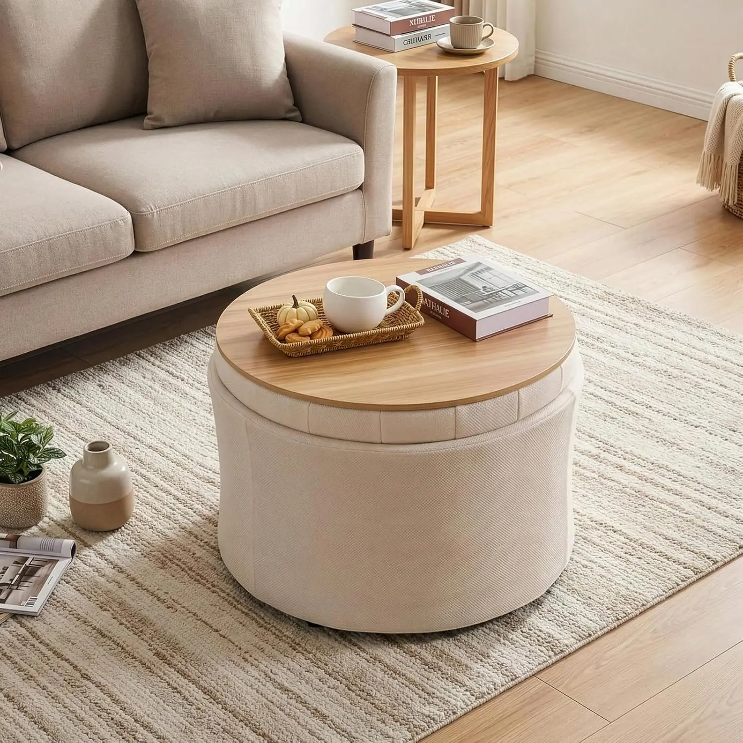 ONBRILL 25 in Round Ottoman Table - Sturdy Steel Frame Indoor Furniture, Lift-Off Lid Multifunctional Footrest with Hidden Storage for Living Room, Bedroom