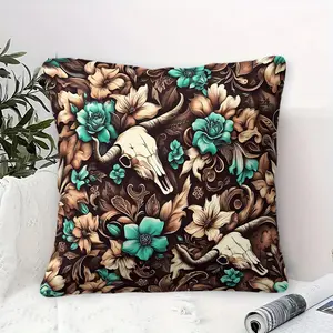 Bohemian-Style Throw Pillow with Inner Cushion, 45cm Square, Zipper Closure, Turquoise Blue and Floral Bull Skull Print Pattern, Soft Comfortable Decor for Bedroom & Sofa, Wild and Romantic Soft Furnishings, Home Decorative Cushion, Soft Touch Cushion