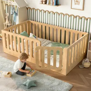 [Bellemave]Twin/Full/ Queen Size Floor Bed with High Fence for Kids, Solid Wood Kids Montessori Bed with Door, low-profile and No Box Spring Needed Design, Natural.(Patent Protection)