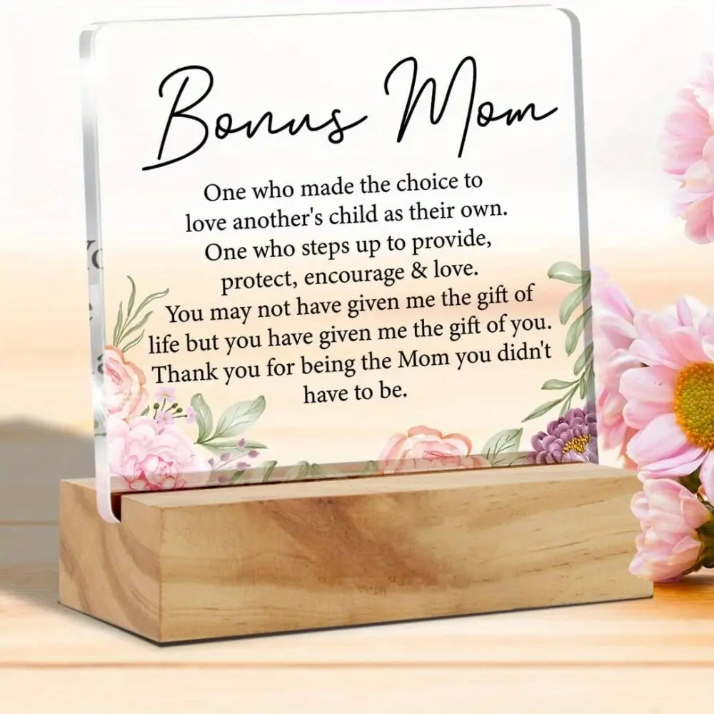 Bonus Mom Gift Step Mom Gifts, Bonus Mom Desk Decor Flowers Style Stepmother Acrylic Desk Plaque Sign With Wood Stand Home Desk Sign Keepsake Present
