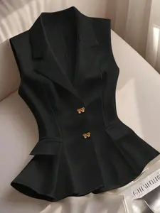 Women's Spring Summer French V-Neck Elegant Bow Tie Button Sleeveless Slim Fit A-Line Blazer Jacket, Stylish and Comfortable Outerwear