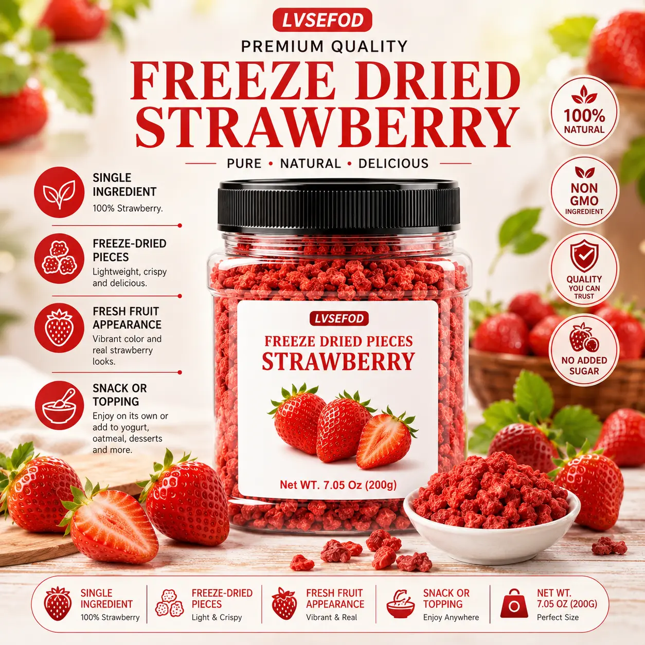 LVSEFOD Freeze Dried Strawberry Pieces, 7.05 oz / 200g, Crispy Dried Strawberry Fruit Bits, Strawberry Topping for Yogurt, Oatmeal, Cereal, Smoothies, Baking and Desserts