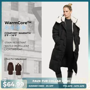 【Last Sale】PUFFIT WarmCore Premium Classic Hooded Long Puffer Coat Women Long Ladies Quilted Outerwear Jacket Big Pocket, Water Repellent  Winter Warm Basic Long Sleeve Tops Coat