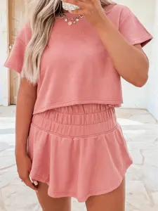 Trendy Checkered 2 Piece Matching Set for Women: Ruffle High Waisted Skort & Short Sleeve Round Neck Cropped Top, Soft Smocked Summer Womenswear for Casual Outings