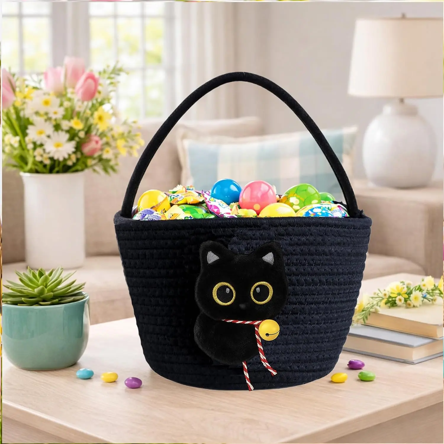 Plush Black Cat Easter Basket for Kids with Handle, Cute Woven Halloween Trick or Treat Basket, Soft Cat Gift Basket for Egg Hunt, Baby Shower, Party Favors & Cat Lover Gifts