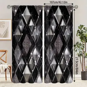 2-Piece set, black silver glitter diamond print curtains, simple diamond pattern design, half-blackout rod pocket design, suitable for bedroom, living room, office home decoration, room decoration, Home Textile
