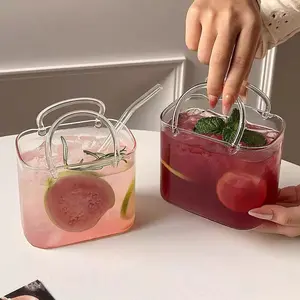 Reusable Glass Cup with Straw, Portable Square Cocktail Mug for Juice Smoothies Iced Tea, Holiday Gift Christmas Halloween Thanksgiving Hanukkah, Square Glass Cups