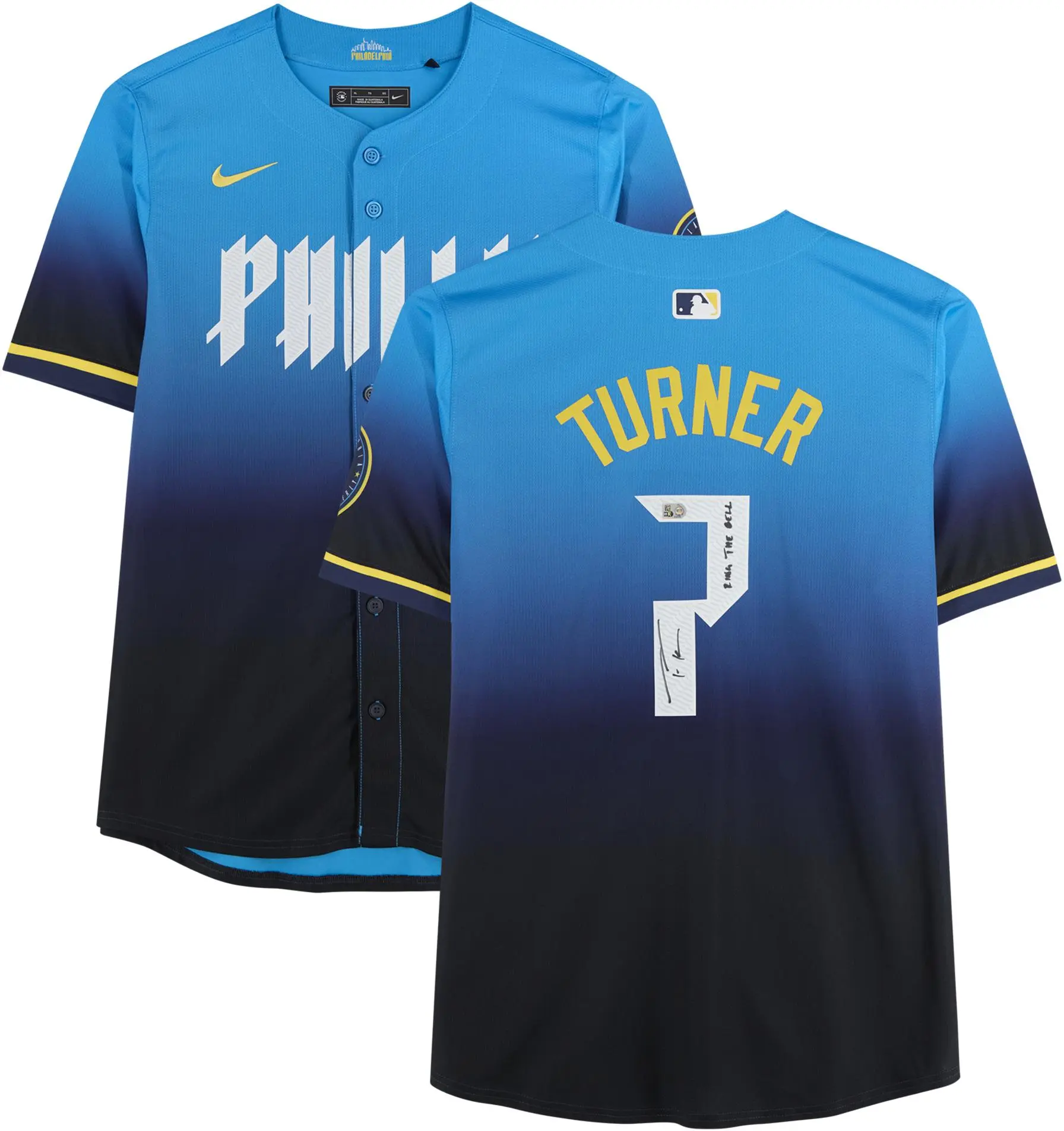 Trea Turner Philadelphia Phillies Autographed Blue Nike City Connect Limited Jersey with "Ring The Bell" Inscription - Fanatics Authentic Certified