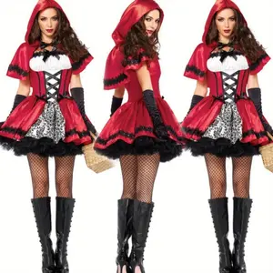 Fable Threads Sexy Anime Queen Red Riding Hood Costume Gothic Style Fishnet Stockings Red Hood Black Accents W sexy costumes itch Broom Halloween Cosplay Themed Parties Casual Clothes Polyester iconic halloween costume