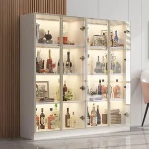 FUFU&GAGA Display Cabinet with Glass Doors and Lights, Glass Display Cabinet with 4-Tier Storage Shelves, Pop-up Design, Trophy Cabinet White and Champagne Gold Furniture Decorations