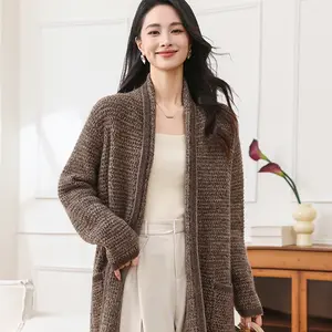MuMeng [100% Cashmere] Women's Open Cardigan - Warm Breathable Textured Knit - Pocket Design Loose-Fit Top for Fall Winter Office Commute Classy Cashmere Cardigan- 5647