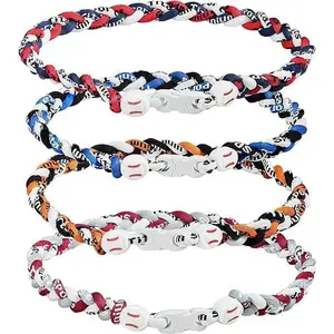 4 counts Baseball Necklaces Three Braided Rope Tornado Necklaces Sports Titanium Necklace Baseball Rope Necklaces