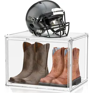 5 Pack Extra Large Acrylic Display Case, XXX-Large Boot Shoe Box, Clear Storage Organizer Stackable Handbag Purse Collectibles Case for Closet, 5 Display Boxes with 2 Black Shoe Bags