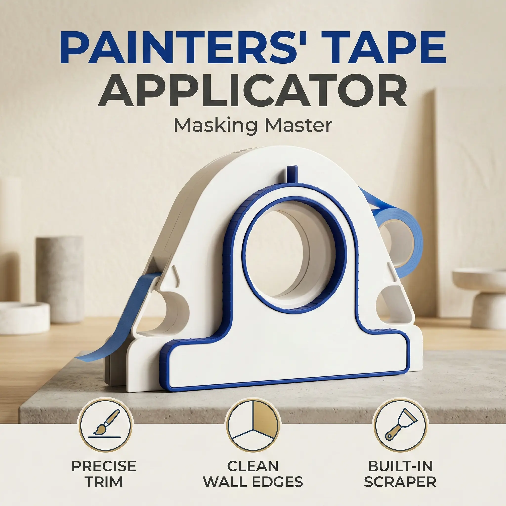 Plastic Painter's Adhesive Tape Applicator with Built-In Scraper & Safe Design, Precision-Cut Tool for Accurate Masking & Clean Wall Edges, Works Around Trim, Windows, Doors to Speed Up Masking Projects