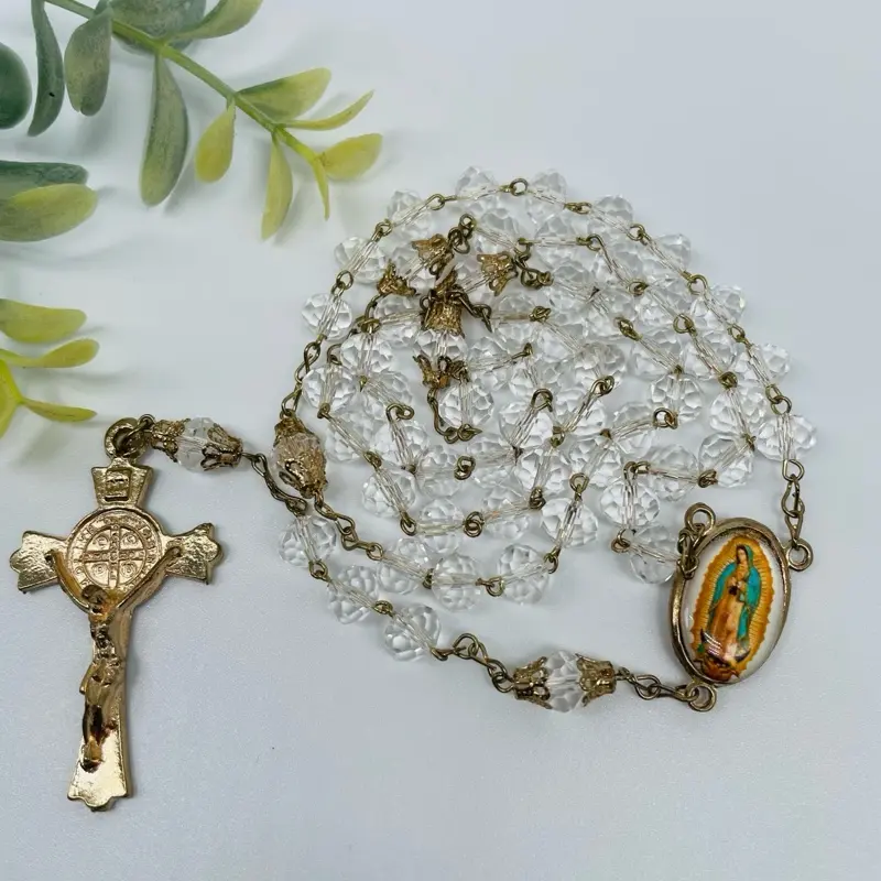 Our Lady of Guadalupe Catholic Rosary with Clear Crystal Beads Gold Pleated