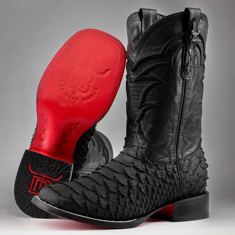 Matte Black Python Print Boots - Square Toe