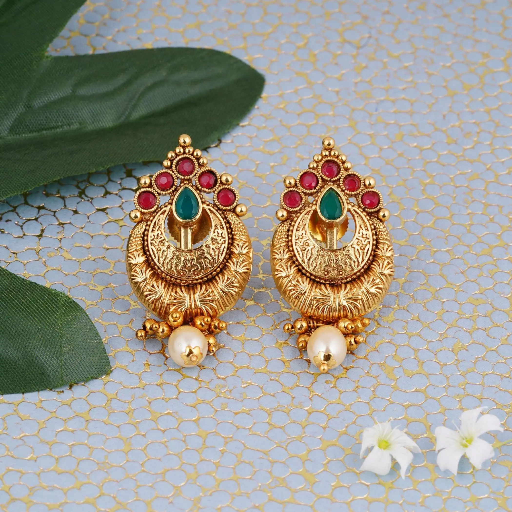 Radiant Indian Ethnic Earrings | Faux Kundan Jhumkas in Gold Tone for Bridal Elegance | Celebrate Traditions | Gift for Her