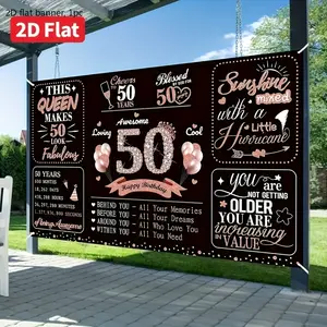 2D flat banner, 1 piece, large 50th birthday banner for ladies' party decoration, rose gold 50 and beautiful birthday background party supplies, indoor and outdoor 50th birthday poster photos, kdj