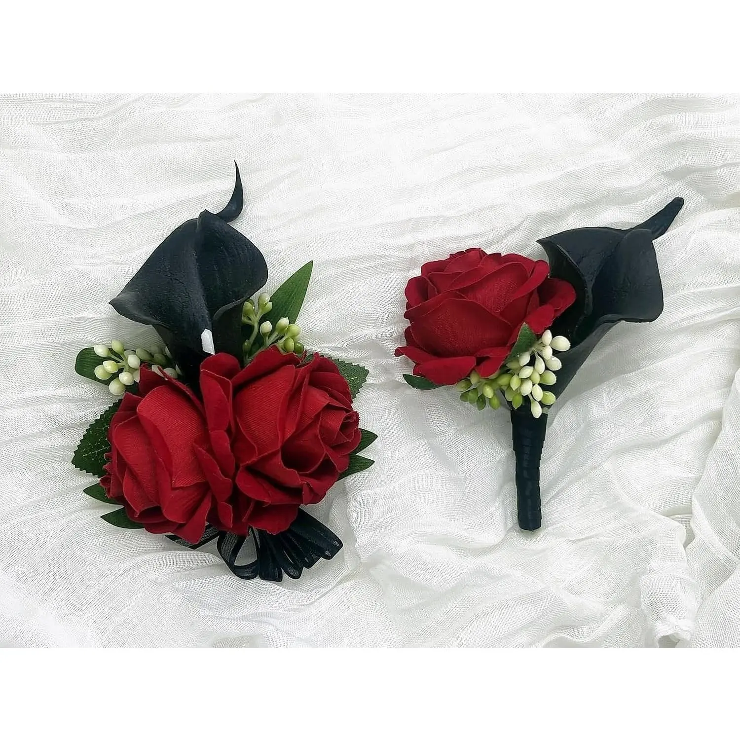 Formal Artificial Flower Decor Corsage-Boutonniere Set - Red Rose Wrist Bracelet, Black Calla Lily Men's Boutonniere, Corsage Artificial Flowers, Red Roses Floral Arrangement Pieces for Weddings, Red Roses Floral Arrangement Artificial Flowers