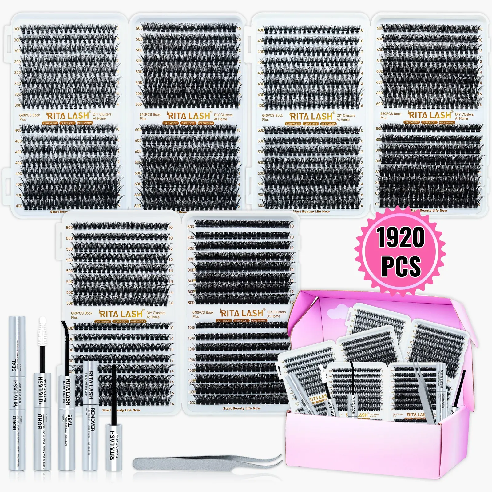 RITALASH Lash Clusters Kit, 1920 Pcs Eyelashes Clusters Extensions Kit 10-16mm Individual Lashes D Curl Wispy Black False Eyelashes Makeup with Bond Seal Remover Tweezers DIY Lash Kit (30D+40D+50D+60D+80D+100D) Volume Lash Kit