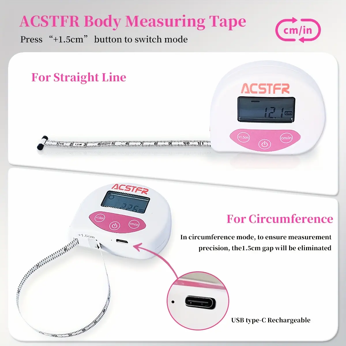 ACSTFR Retractable Body Measuring Tape - Smart Digital Tape for Weight Loss, Waist, Hip, Chest, Arm Measurement - 60 Inch/ 150cm, USB Rechargeable