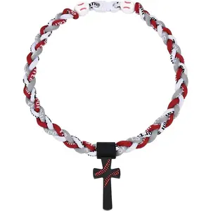 Sports Baseball Necklace for Boys, Triple Braid Rope Tornado Cross Necklace, Titanium Rope Jewelry for Teen Boys Athletes