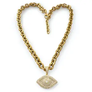 Chunky Chain Evil Eye Necklace Ancient Symbol Modern Armor Stainless Steel Pavé-Set Cubic Zirconia Adjustable 15-18 Inch Length Bold Protection for Adults