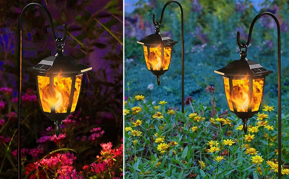2 Pack Solar Flame Hanging Lights Outdoor, Halloween Solar Flickering Flame LED Garden Lanterns with 2 x 38 Inch Shepherd Hooks, Christmas Lighting for Lawn Patio Yard Pathway Driveway