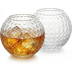 Golf Whiskey Glasses | Set of 2 | 15 OZ Golf Ball Shaped Old Fashioned Liquor, Cocktail Glass, Crystal Unique & Fun Drinking Glassware Accessories, Golfer Gift For Him, Husband, Father, Boyfriend, Her