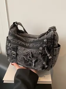 Fashion trend casual Joker shoulder messenger bag, Denim messenger bag, niche design retro wash jeans craft commuter shoulder messenger bag, personality versatile  multi-zipper design suitable for student ， shopping， trips and so on.