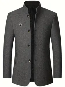 Men's casual formal style lambskin jacket - stand-up collar single-breasted side pocket jacket, semi-formal office occasions and daily wear in autumn and winter - polyester fiber lining for cold resistance and warmth, texture fabric design